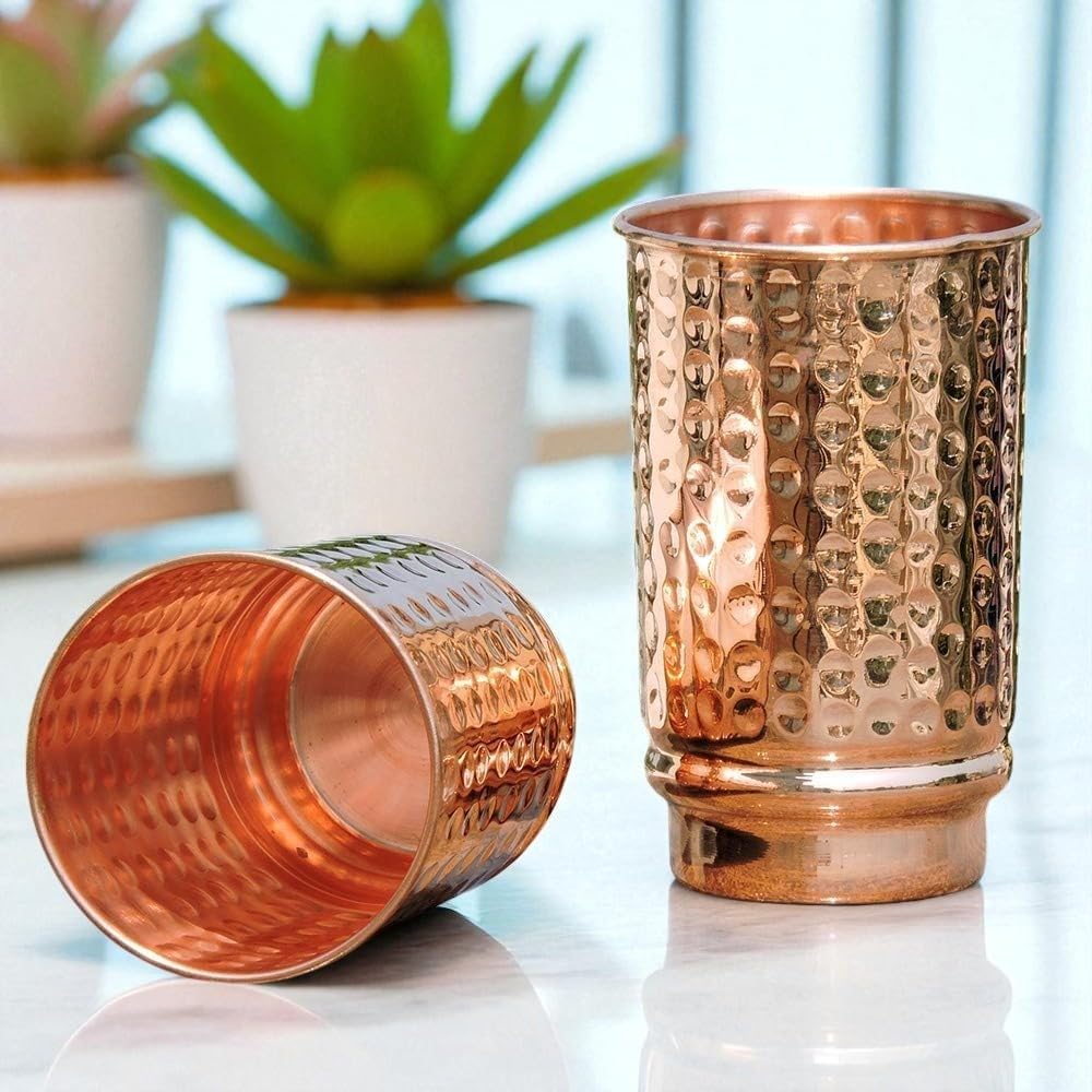 Pure Copper Hammered Cup & Tumbler Set | Copper Glasses for Water Premium Copper Tumblers for Daily Use & Gift Sets | Ayurveda Health Benefits - 350 Ml Capacity (Hammered Cup)